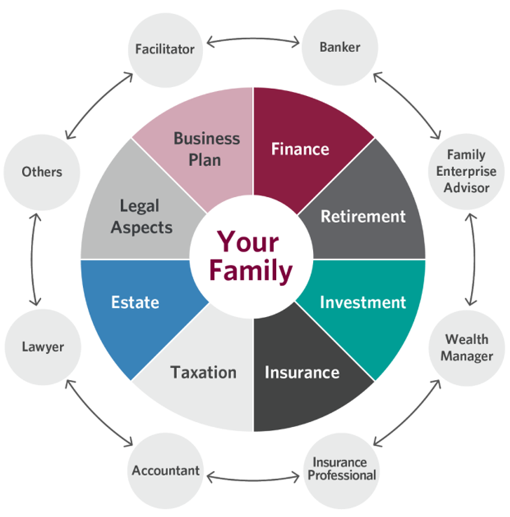 Circular flow chart; Finance, Retirement, Investment, Insurance, Taxation, Estate, legal Aspect, Business Plan